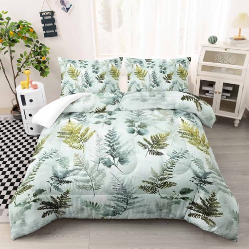Image of AILONEN Queen Size Comforter Set, Nature Botanical Leaf Green Bedding with 2 Pillowcases, 3-Piece Soft Microfiber