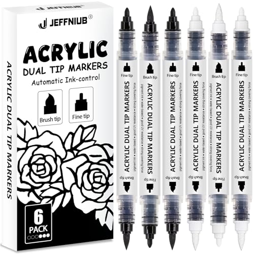 JEFFNIUB Rotuladores acrílicos con punta de pincel, color blanco y negro, para piedras, metal, vidrio, madera, tela, porcelana, cerámica
