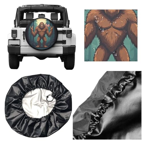 Image of Funny Bigfoot American Flag Spare Tire Cover with Unique Print, Weatherproof Wheel Covers Tire Protector, Universal Fit for Rv, Trailer, SUV, Camper Vehicle