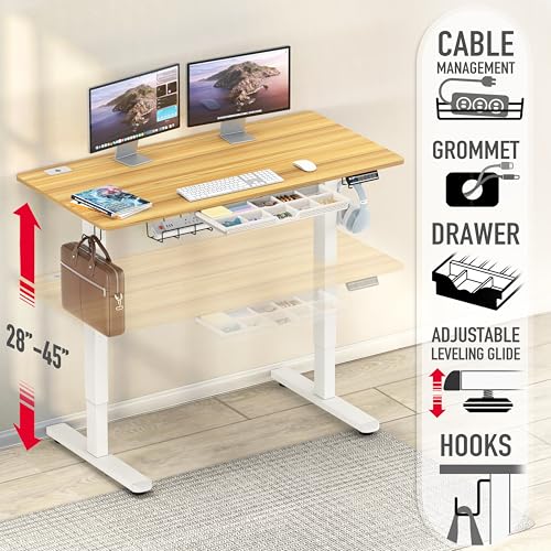 Image of SHW 48-Inch Electric Height Adjustable Standing Desk with Drawer, Memory Preset and Cable Management Tray, Oak