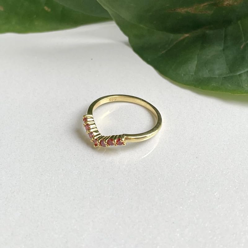 Garnet Chevron V Shape Wedding Band For Women, 14k Gold Finish Round Cut January Birthstone Garnet Contour Anniversary Matching Band, Ladies V Shape Ring