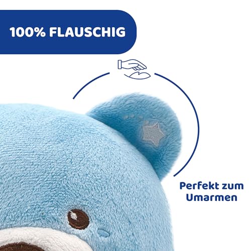 Chicco Kuscheltier Bär, Baby Spielzeug ab Geburt, Teddybär Plüsch, weicher Projektor mit Nachtlicht, Lichteffekten und entspannenden Melodien, Kinderspielzeug 0+ Monate, Hellblau, Kindertag Geschenk
