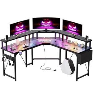 Devoko L Shaped Desk with Power Outlets，LED Corner Gaming Desk Corner Desk with Shelves, Large PC Writing Table for Home Office Bedroom,Monitor Stand, Hooks, Carbon Fibre Black