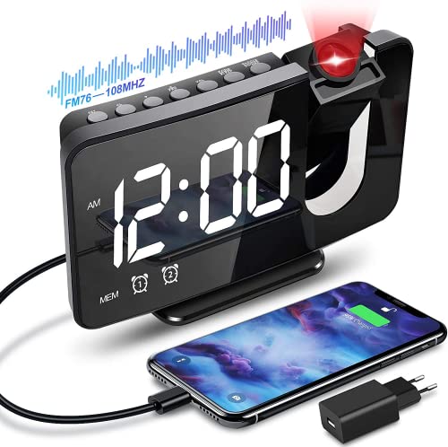 Anykuu Radio Réveil Horloge Digitale, 180° avec Fonction Radio FM, Reveil Matin Numérique LED avec Port de Chargement USB, Reveil Projecteur Plafond 4 Niveaux de Luminosité 12/24h Fonction Snooze