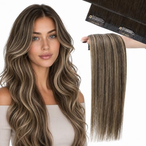 Image of Moresoo Clip in Human Hair Extensions, Balayage Brown, Seamless Genius Weft | Clip in hair extensions remy hair, balayage medium brown to warm caramel, 16inch 120g 7pcs, for social, for natural styling