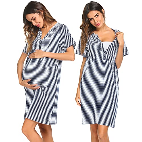 Image of Ekouaer Nursing Nightgown Striped Women Short Sleeve Breastfeeding Sleep Dress Maternity Delivery/Labor Gown