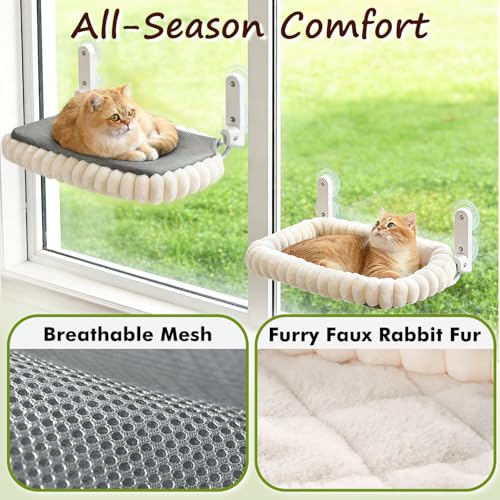 Image of Zoratoo 2PC Cat Window Perch with Bolster Foldable Cat Hammock Cushion Bed for Window with Metal Frame, Cloud-Cuddle Cordless Window Resting Seat for Indoor Cats (Cushion Bed, White-M)