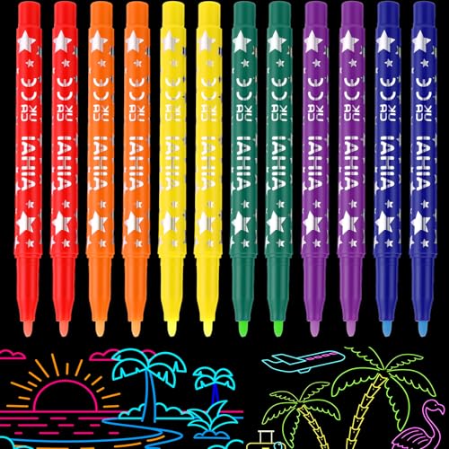 Faccito 12 Pcs Glow in the Dark Markers Fluorescent Neon Marker Glow in the Dark Paint Pens Round Tip Acrylic Neon Paint Markers for Rock Painting Fabric Glass Wood