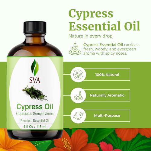 Image of SVA Cypress Essential Oil - 4 Fl Oz - 100% Natural Cypress Oil - for Diffuser, Hair Care, Face, Skin Care, Aromatherapy, Scalp and Body Massage, Soap and Candle Making - with Dropper