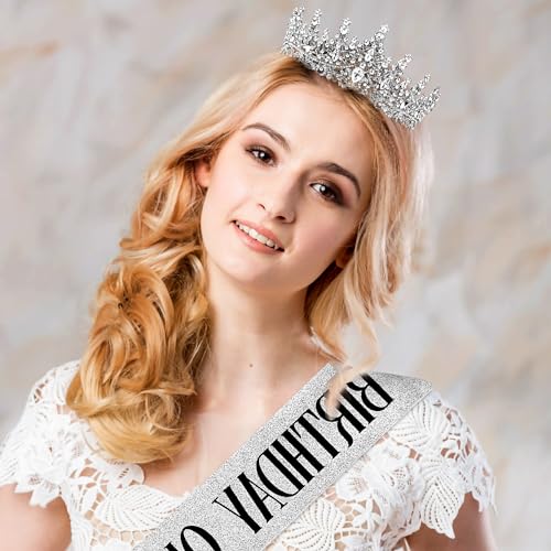 Image of Fesciory Birthday Crown for Women, Gold Plated Crystal Tiara with Sash