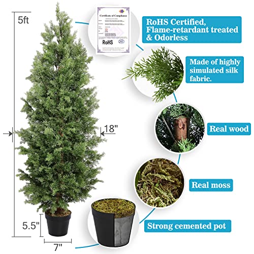 Aveyas 5ft Artificial Cedar Topiary Trees for Outdoor Front Porch Door, 5 Feet Faux Potted Plants Evergreen Fake Silk Pine Cypress Tree for Outside Home Decor (5 ft Tall) - Set of 2 Pack