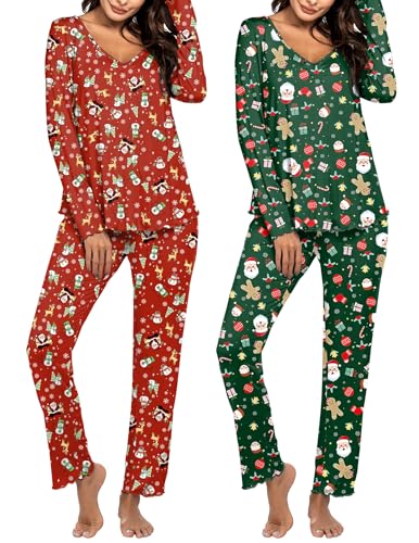 Image of Ekouaer Womens 2 Pack Pajama Set Long Sleeve Pajamas Top and Pants V Neck Pjs Set Soft Sleepwear Loungewear