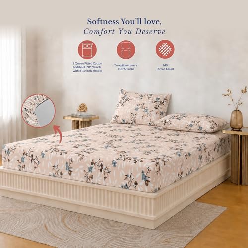 Image of Jaipur Weaves Queen Size Fitted Bedsheet Cotton with Elastic, 100% Pure Cotton Double Bed Fitted Sheet with 2 Pillow Covers,240 TC,60x78 Inches up to 8-inch Mattress,Floral Design (Spring Tulips Pink)