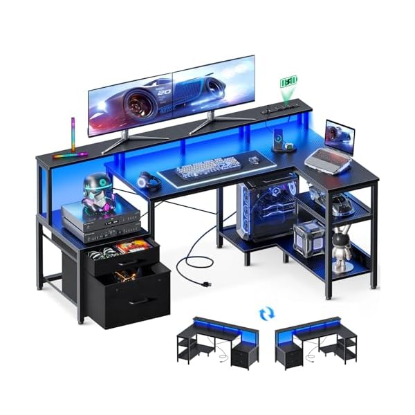 AODK 57 Inch L Shaped Gaming Computer Desk with USB Charging Ports & Power Outlets, Home Office Writing Corner Desk with Drawers and Monitor Stand, Study Table with LED Lighting, Carbon Black
