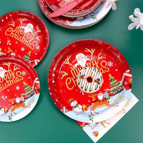 Christmas Paper Plates and Napkins Set, Christmas Plates Cups Napkins Forks Tablewares Party Supplies Serve 24 – Image 5