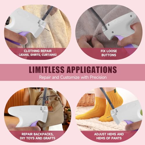 Image of Micro Sewing Gun Stitch Gun for Clothes, White /Light Purple Color Versatile Stitching Gun for Hemming Pants Repairing Seams and More