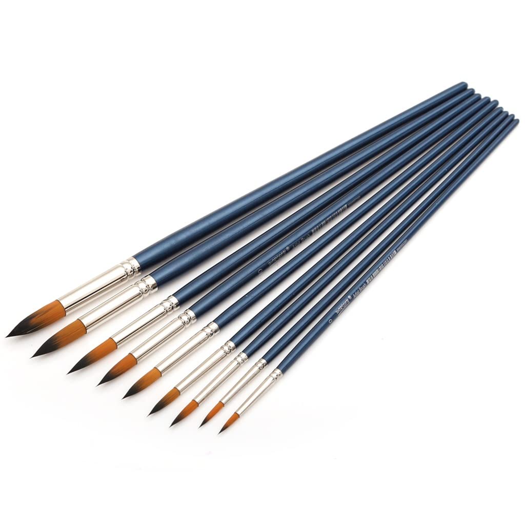 Pinceaux à Pointe Ronde 9 pièces Ensemble de pinceaux d'art en Nylon synthétique pour Peinture à l'huile Aquarelle à Long Manche (9 pièces)