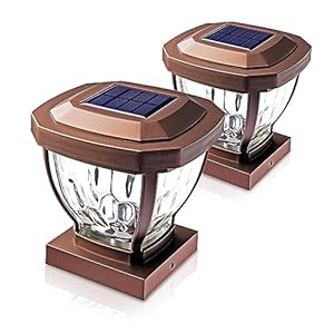 Home Zone Security Solar Post Cap Lights – Decorative Glass LED Outdoor 4×4 (3.5 x 3.5 in.) Post Lights, Bronze (2-Pack)