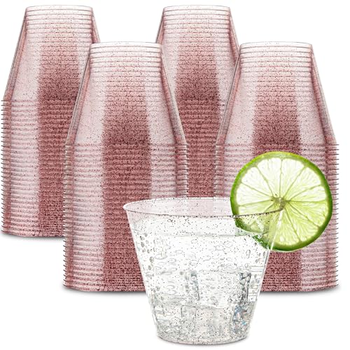 PLASTICPRO 9 oz Disposable Plastic Party Cups Old fashioned Designed Tumblers Rose Gold Glitter 100 Count