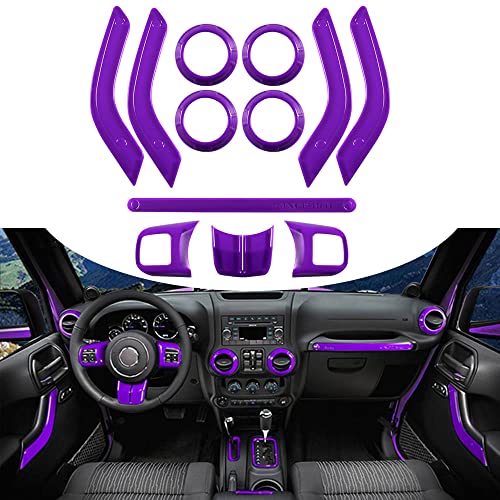 Opall Full Set Interior Decoration Trim Kit Steering Wheel & Center Console Air Outlet Trim, Door Handle Cover Inner for Jeep Wrangler JK JKU 2011-2018 2 Door& 4Door(Purple 12PCS)