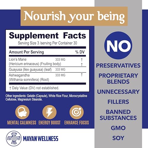Mayan Mushrooms | Lion's Mane 500mg | Guayusa 500mg | Ashwagandha 500mg |Supplement for Mental Calmness, Focus, Brain & Memory Support. Vegan, Plant-Based, Non-GMO, 90 Count - - Image 6