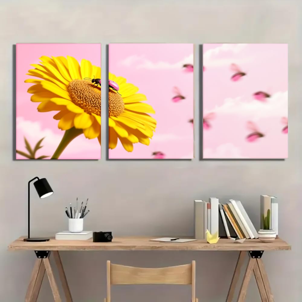 JKEVCBIAX Pink Background Yellow Flower with Ladybug Print- Simple Line Art Canvas Painting Modern Minimalist Aesthetic Wall Decor(60x80cmx3/NO frame)