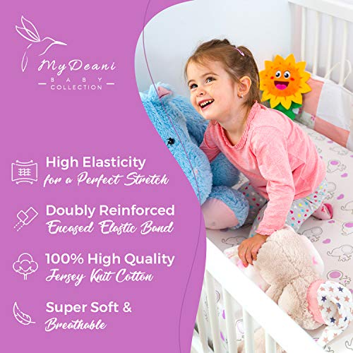 Stretchy Fitted Crib Sheets For Baby Girls, Ultra Soft Jersey Knit Cotton, Fits Standard Crib & Toddler Mattress, Size 28In X 52In, 2 Pack Set, Purple Elephants & Purple Animals Nursery Sheet #TOP1