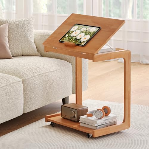 Image of Uniclinens Rolling Side Table Desk Sofa - C Shape Couch End Table with Wheels, Mobile Wooden Slim Sofa Tray, Movable Small Couch Desk for Living Room Bedroom, Cherry