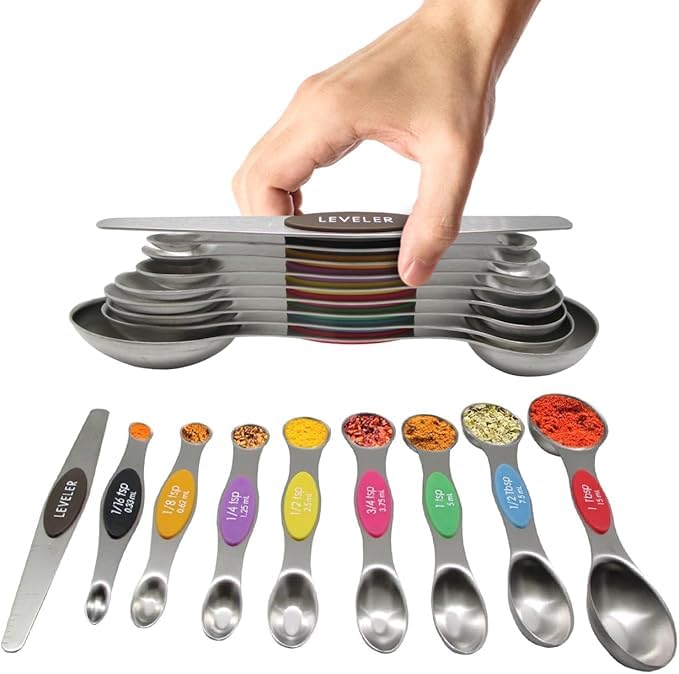 Magnetic Measuring Spoons Set Stainless Steel with Leveler, Stackable Metal Tablespoon Measure Spoon for Baking, Cups and Spoon Set Kitchen Gadgets Apartment Essentials (Multi_Colour)