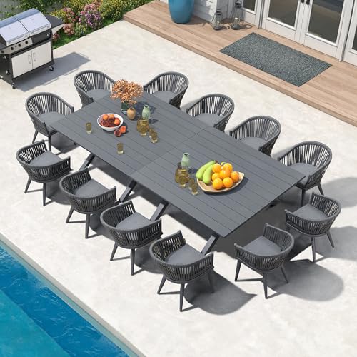 Image of PURPLE LEAF 13 Pieces Oversized Outdoor Dining Set with Patio Aluminium Dining Table and Wicker Chairs Modern Furniture Cushions Sets for Backyard Indoor Decor Kitchen Gray