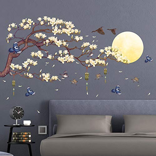 Amaonm Chinese Style Yellow Flowers Brown Tree And Flying Birds Moon Wall Stickers Removable Diy Wall Art Decor Decals Murals For Offices Home Walls Bedroom Study Room Wall Decaorations #TOP4