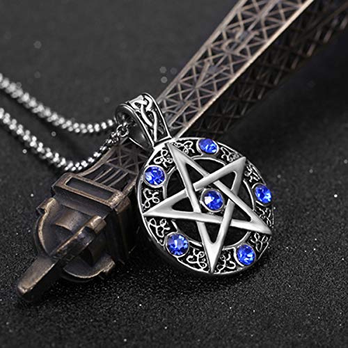 Leprato Stainless Steel Pentagram Pendant Necklace High Polished Blue Crystal Pentacle Charm Amulet Pendant Necklace for Men Women3