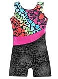 Leotards for Girls Gymnastics Dance Clothes 9 10 Sparkle Rianbow Hearts Sleeveless Biketards Hotpink Black (Rainbow Heart, 9-10 Years)