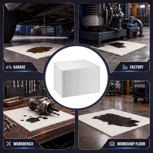 Image of Hoolerry 100 Pcs Oil Absorbent Pads Bulk Heavy Weight Dimpled Garage Absorbing Pad Water Absorbent Mat Trimmable Oil Spill Mat for Garage Floor Workshop Auto Fluid Cleanup (9.8 x 13 Inch,White)