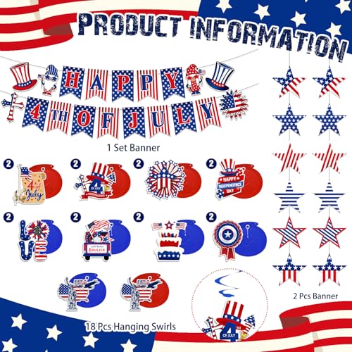Image of 57pcs 4th of July Independence Day Patriotic Decorations, Red White Blue Happy 4th of July Banner Hanging Swirls America Flags for Memorial Day Decorations
