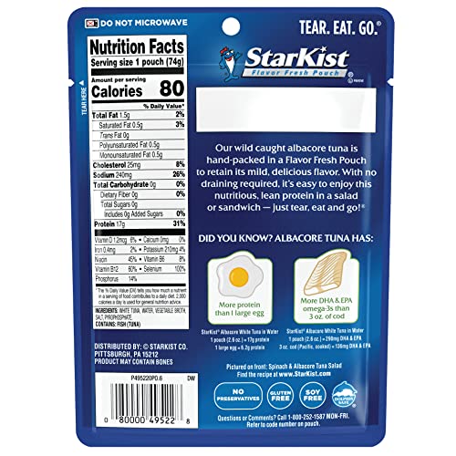 Image of StarKist Wild Caught Albacore White Tuna in Water, 2.6oz Pouch, 1-Pack | 17g Protein Per Serving, Gluten Free, Soy Free, Ready to Eat, No Draining, 80 Calories Per Serving, Great for Meals & Snacks