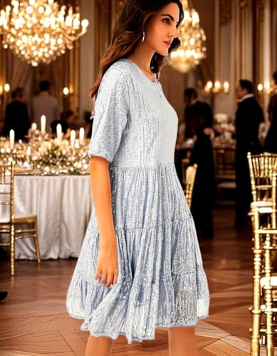 Image of Sequin Babydoll Summer Dress,Sparkly Glitter Dress Short Flowy Tiered Tunic Dress for Women Party Club Night