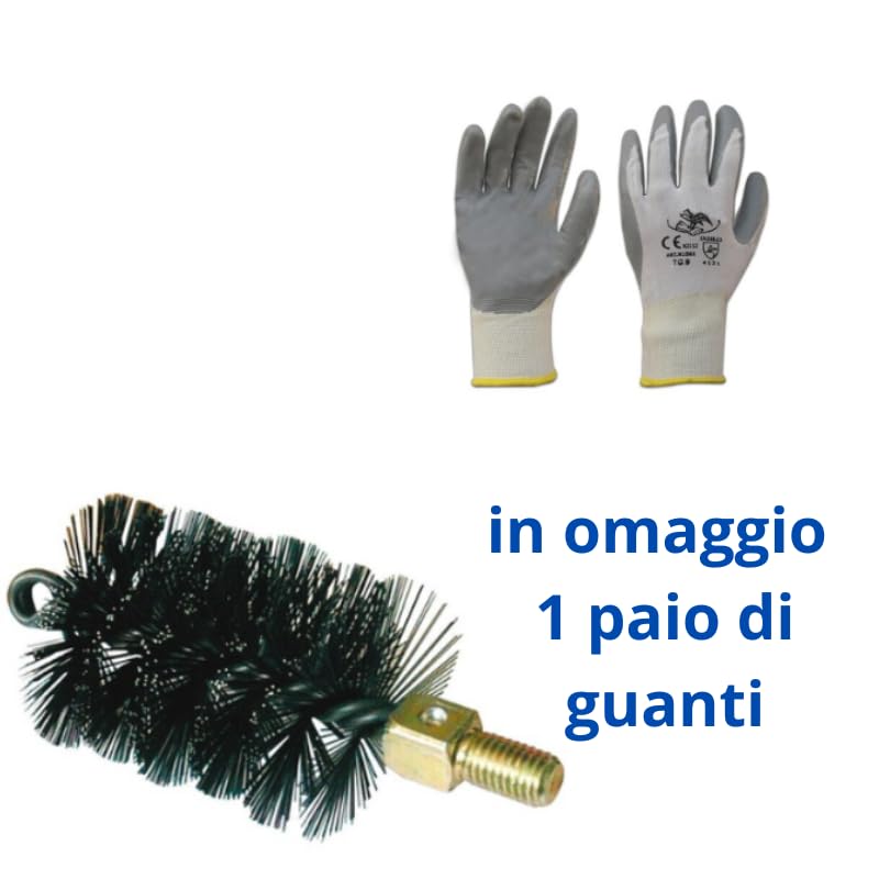 PINTO FERRAMENTA Kit Spazzacamino Pulizia Canna Fumarie Spazzola Tonda Quadrata Asta Stufa Legna Camino Pellet Guanti 25 CM