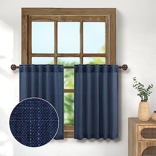Navy Blue Curtains for Boys Bedroom Kids Small Windows 30 Inch Length 2 Panels Back Tab Pocket Thick Sheer Short Linen Indigo Dark Blue Curtains for Kitchen Bathroom Basement Playhouse School Office