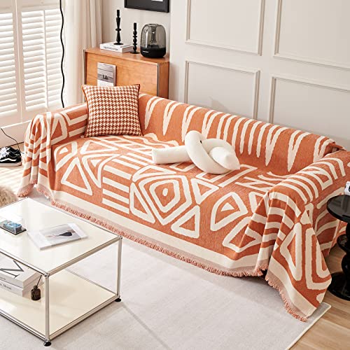 VClife Boho Couch Cover for Dog, Checkered Plaid Couch Covers for Girls Woman, Multi-Functional Sofa Furniture Protector with Tassel, Washable Pet Sofa Cover for 2 Cushion Couch, Caramel, 71'x118'