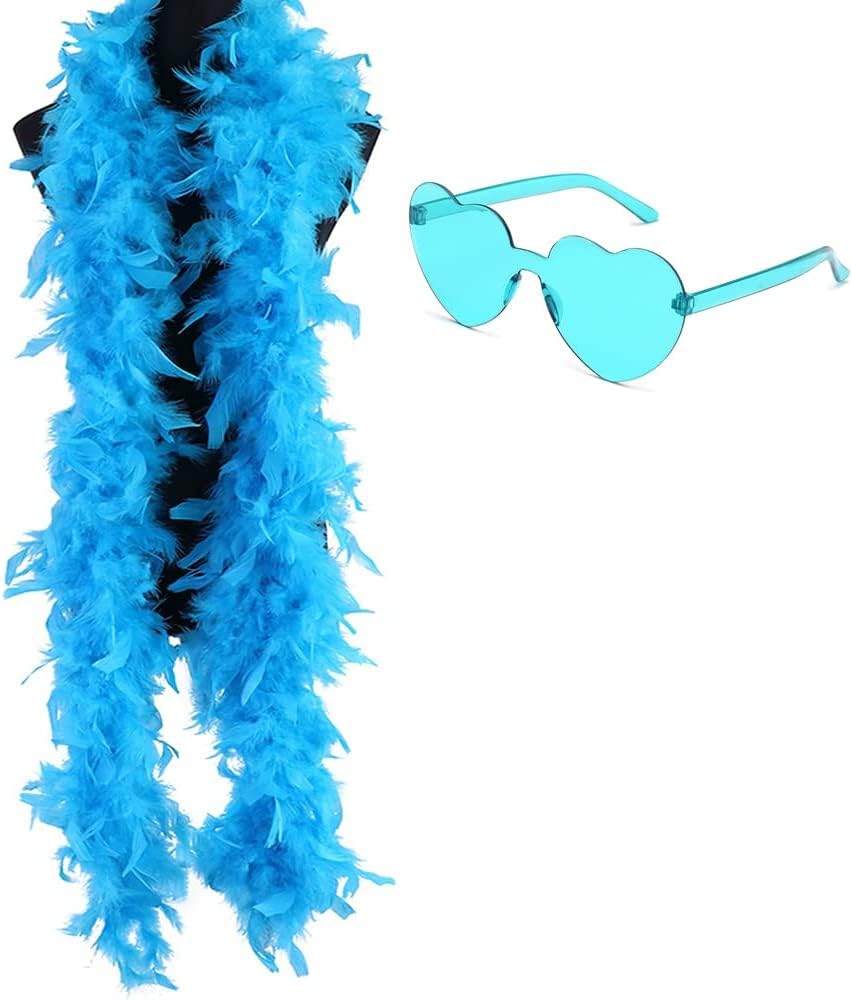 Feather Boa and Heart Glasses Fancy Dress Accessory, 78"/200cm Long Feather Boa, Hen Night Accessory Fancy Dress 1920s Feathers Boa for Festivals Pride Hen Party Stag Do Halloween Christmas Blue