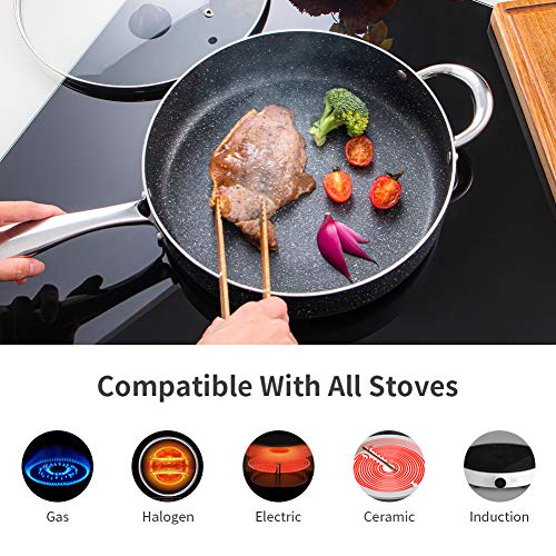 SKY LIGHT Frying Pan with Lid, Deep Saute Pan 5Qt / 11-inch Stone-Derived Nonstick Coating, Stainless Steel Handle Cooking Pan, Induction Compatible, Oven Safe & Dishwasher Safe