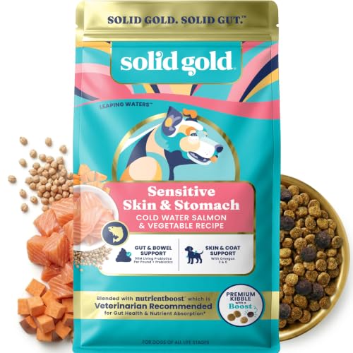 Solid Gold Salmon Dog Food for Sensitive Stomachs Grain Free & Gluten Free Kibble w/Probiotics to Support Gut Health & Digestion - Sensitive Stomach Dog Food for All Ages Nutrientboost 22 LB