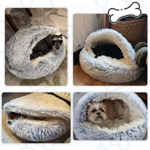 Large Medium 80cm Dog Bed - Upgraded Aluminum Rim Support & Removable Non Slip Bottom, Thermal Self-Warming Plush for Dogs under 20kg/44lbs - Dual Mode Cozy Blanket & Cave Design (Grey, 80CM) - Image 4