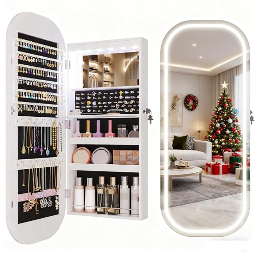LVSOMT LED Mirror Jewelry Cabinet, Wall/Door Mount Jewelry Mirror Organizer, Rounded Full Length...
