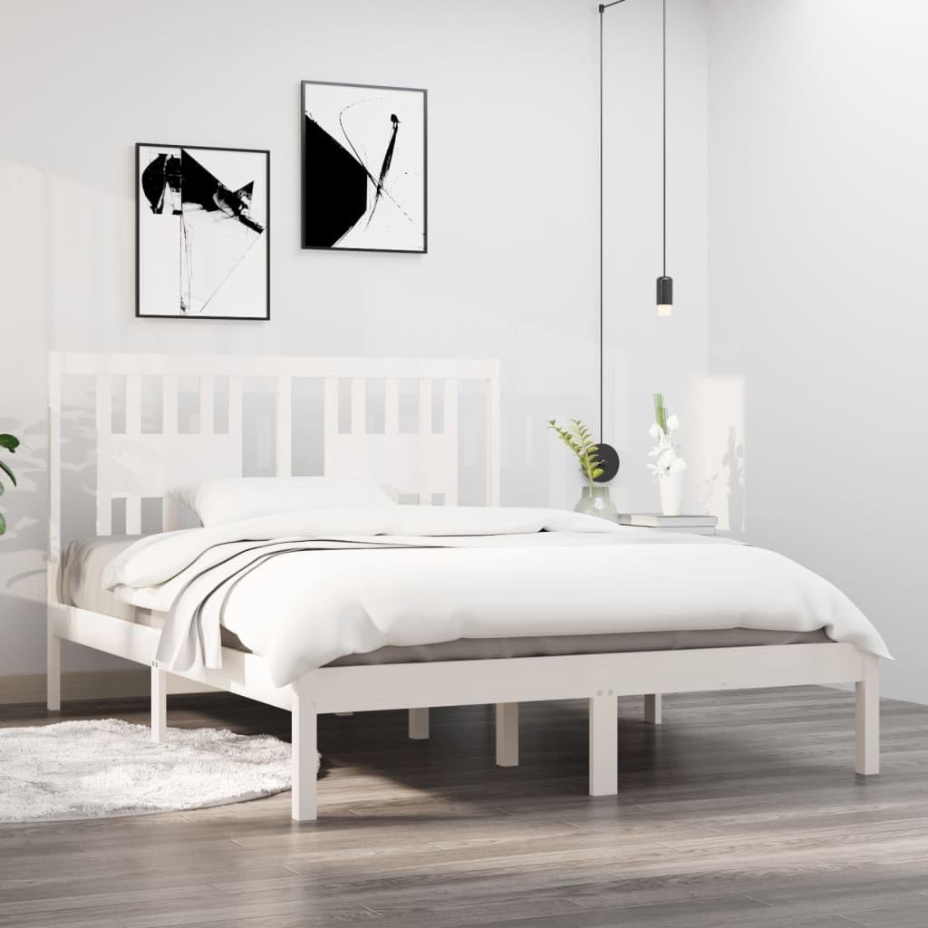 lite drewno sosnowe z listwami i zagłówkiem klasyczna 140x190 cm biały | Rama łóżka biała lite drewno sosnowe 140x190 ze szczebelkami i zagłówkiem klasyczna