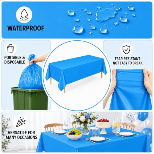 Image of WNINK 3 Pack Sky Blue Plastic Tablecloths, 54 x 108 Inch Disposable Covers | Ideal for Baby Showers, Birthdays, Gender Reveals and Pool Parties, Protect Tabletops from Spills and Simplify Cleanup
