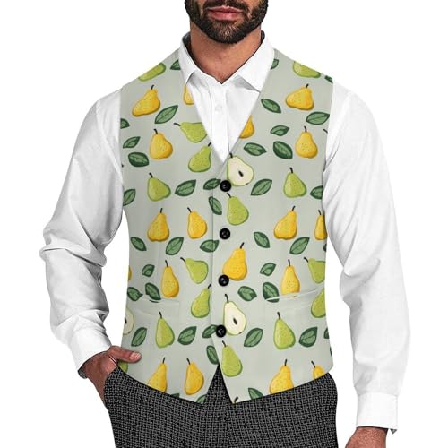 Pear Fruit Pattern Suit Vest for Men Waistcoat Dressy V Neck Button Down Sleeveless Business Jacket Coat