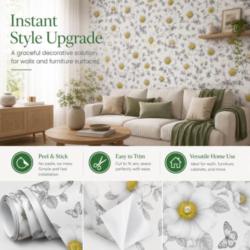 Image of White & Grey Floral Peel and Stick Wallpaper - Minimalist Botanical Self Adhesive Wallpaper with Yellow Flower Accents for Bedroom, Living Room, Kitchen, Office, Cabinets