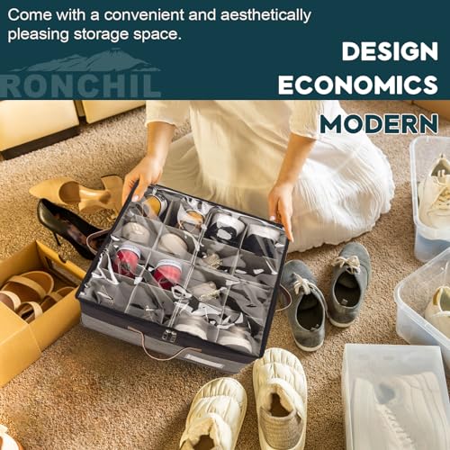 Image of 2 Pack Shoe Organizer for Closet Foldable Storage Box with Clear Cover | Fits 16-32 Pairs Boots and Heels Sneaker Sandals Stackable with Adjustable Divider Space Saving Dorm Black and Grey